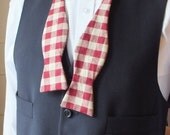 Bow Tie - mens, check fabric, self tie - stripe fabric on reverse, I make just freestyle bowties for men.