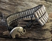 Elephant Clasp Tibetan Prayer Wheel Silver Beads Leather Wrap  Bracelet / Cuff