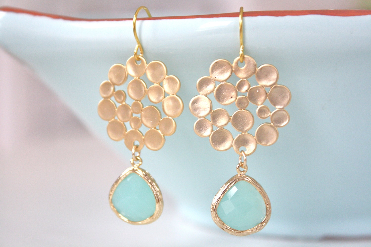 Gold Earrings, Tiffany Blue Earrings, Tiffany Blue Wedding, Bridesmaids Jewelry, Pastel Earrings