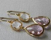 Blush Pink and Clear Earrings Trimmed in Gold - Bridesmaid Earrings - Bridal Earrings - Wedding- Gift for Her