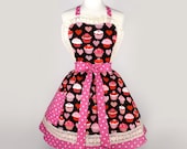 Cupcakes  and Hearts Apron Retro Vintage Inspired 1950s Kitchen Apron