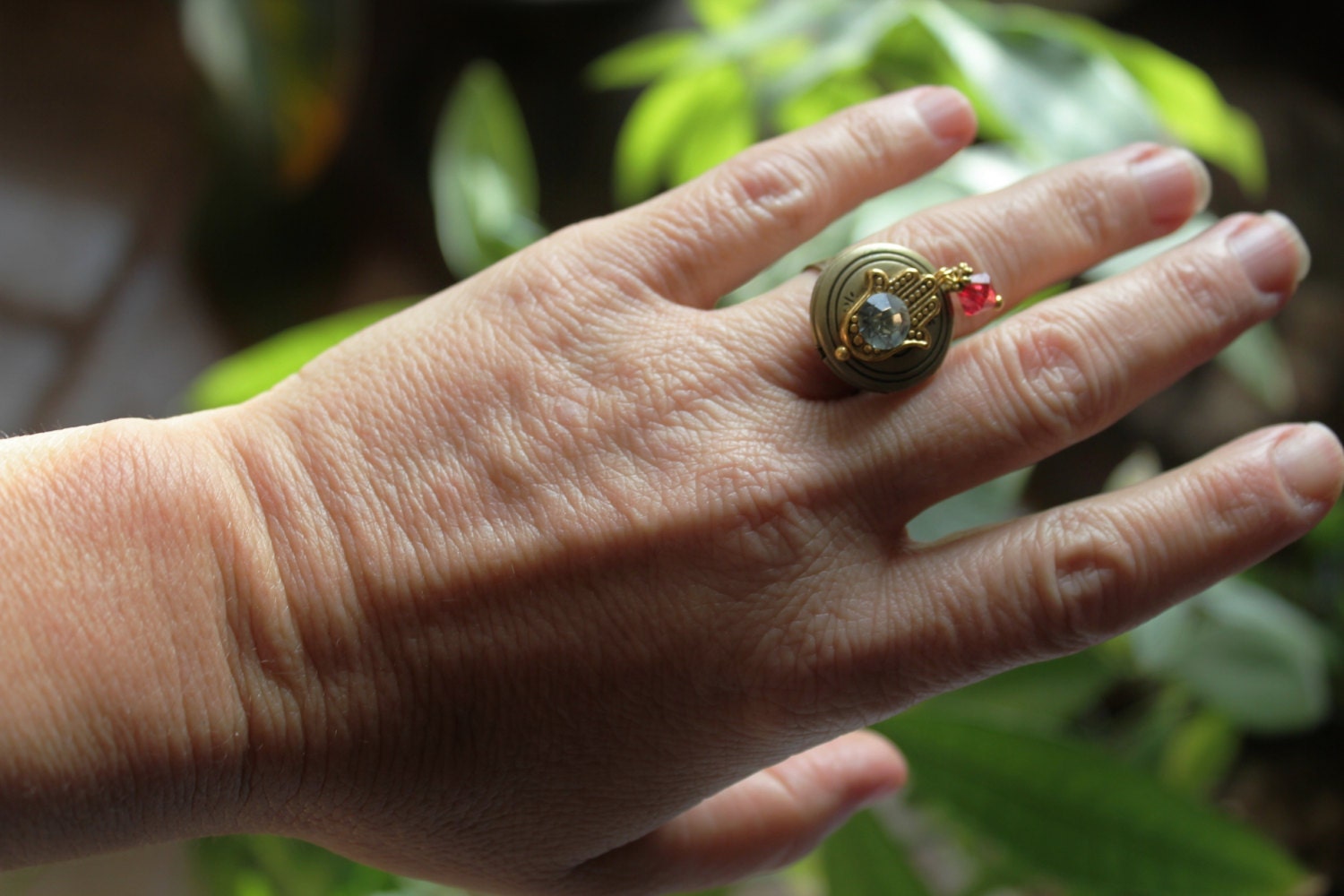 Adjustable ring, Locket ring, picture ring, large ring, Hamsa ring, Antique bronze ring, Vintage ring, Metal ring