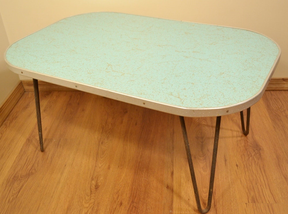 Aqua Hairpin Leg Coffee Table Mid Century Laminate Wrought Iron Legs Child's Table Side Table 1950's