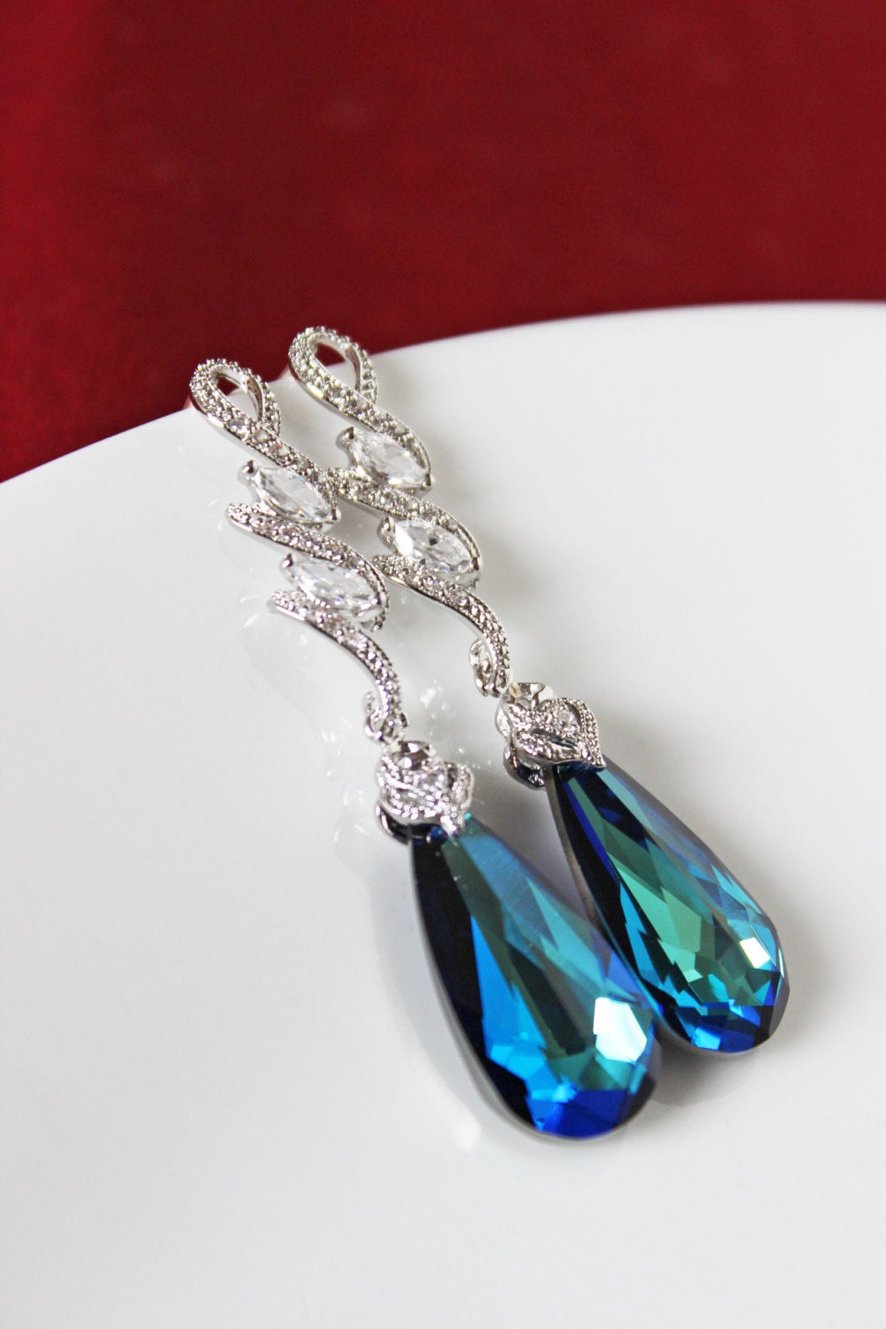 Crytal Blue Bridal Jewelry, Bermuda Blue Jewel Snake Earrings, Wedding Earrings, Rhinestone Bridal Earrings, Beach Wedding - FREE SHIPPING
