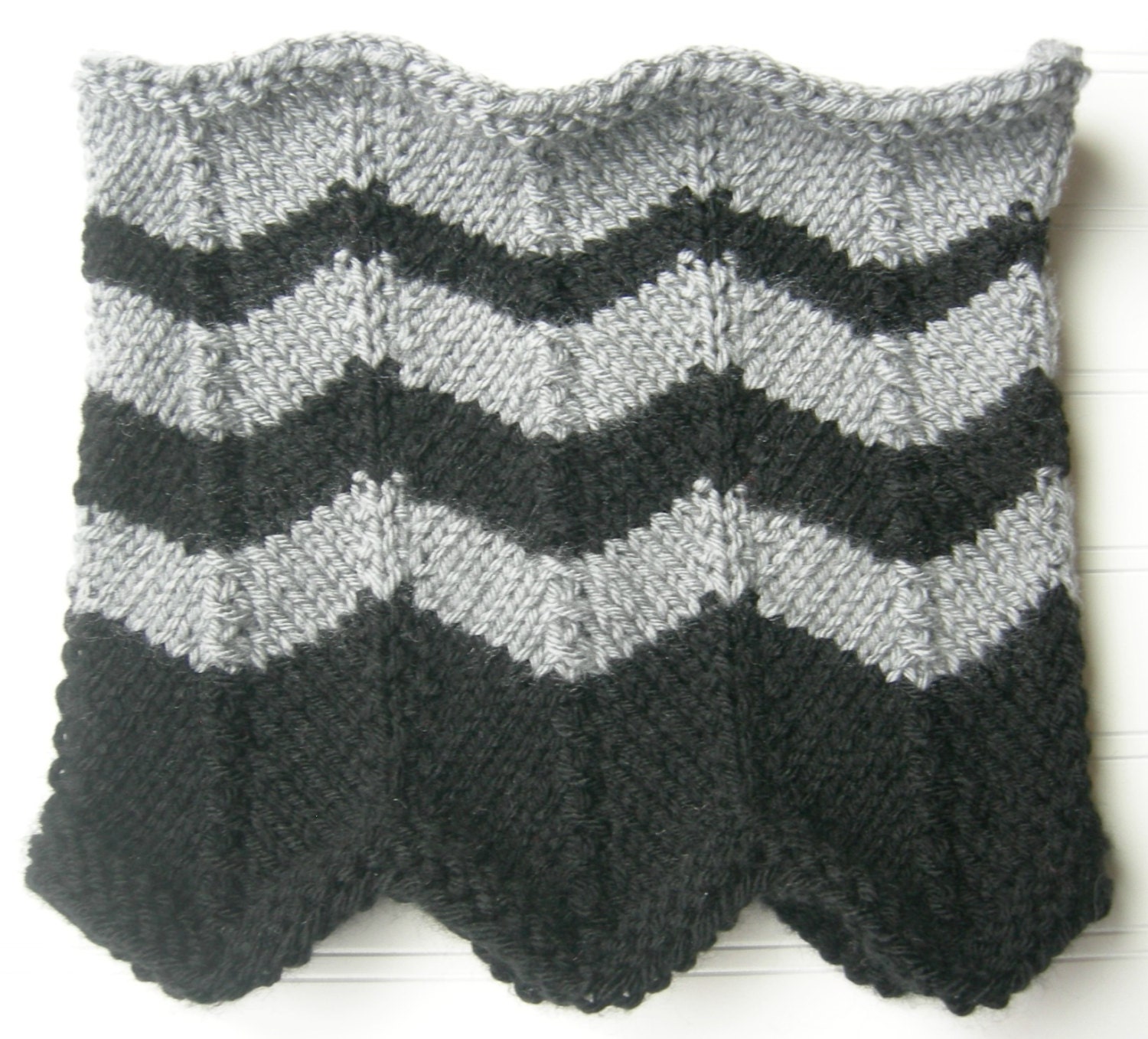 Chevron Knit Scarf, Cowl Circle Scarf, Black and Silver Grey