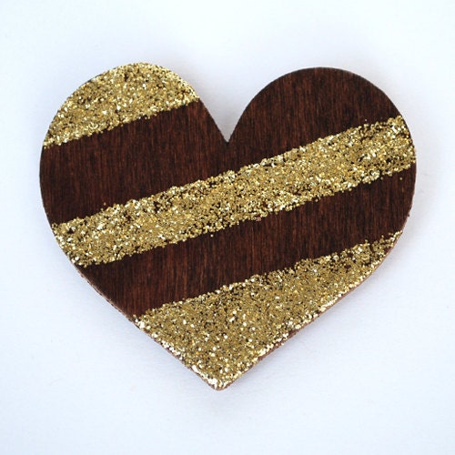 Hand painted gold glitter wood heart brooch pin - Valentines Day