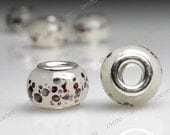 5pcs Lampwork Glass Large Hole Beads White with Brown Dots 14x14mm LB0084