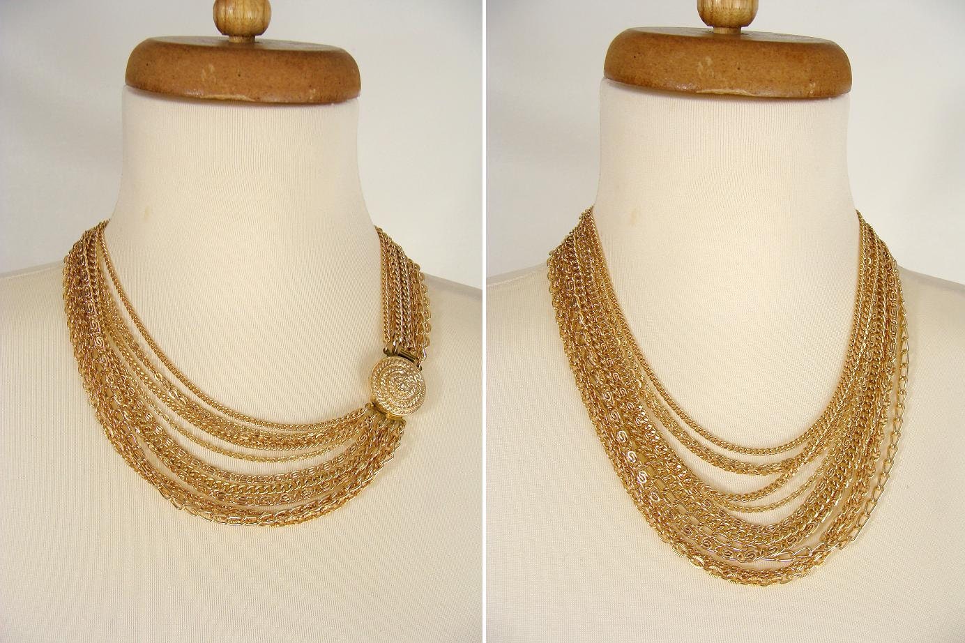 vintage 11 Chain Multi Strand Lightweight Goldtone Coppertone Aluminum Eloxal Necklace W Germany