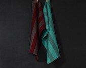 2 Handwoven Maroon and Teal Striped Tea Towels
