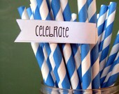 Blue Paper Straws - Set of 25 Striped Drinking Straws With DIY Printable Toppers