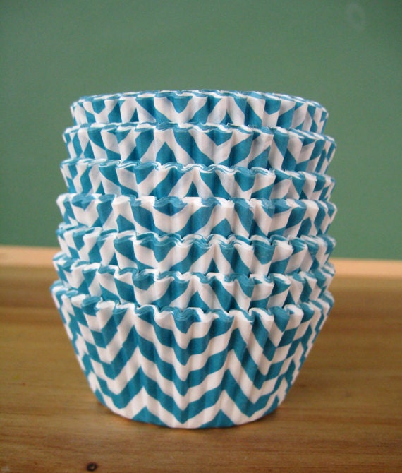 Blue Chevron Cupcake Liners - Set of 40 - Aqua Blue Chevron Baking Liners