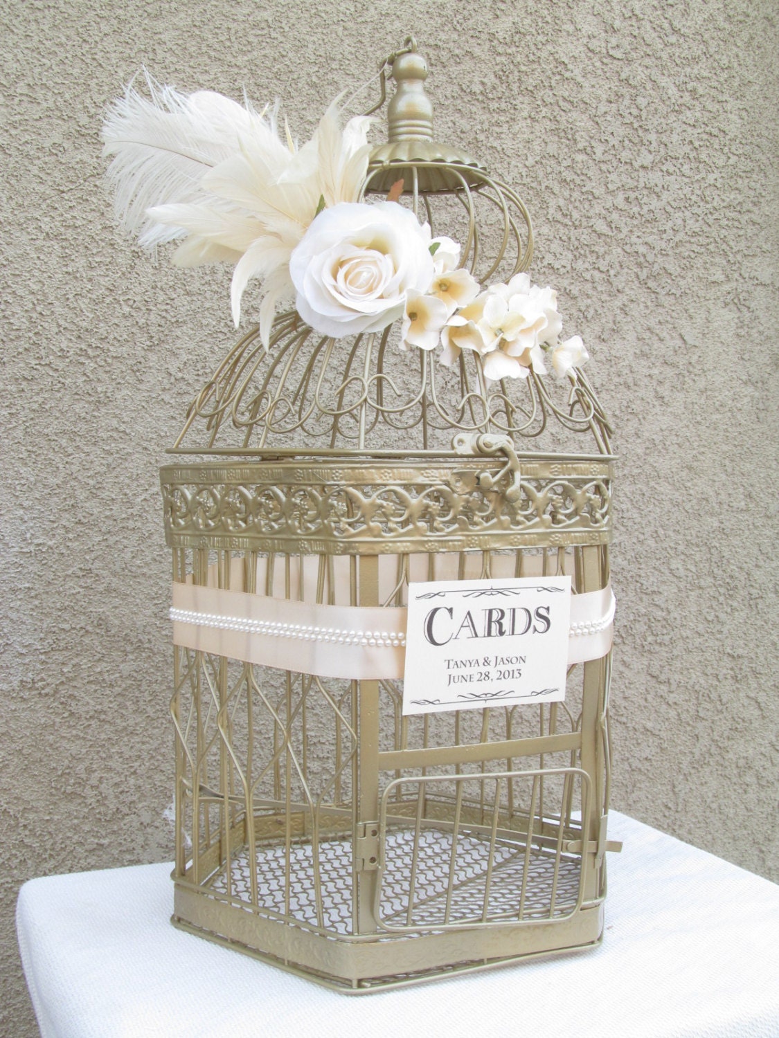 Wedding Card Box X Large  / Champagne / Pearls / Art Deco / Bird Cage Wedding Card Holder / Ostrich Feather