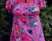 rockabilly top. bright pink tattoo print babydoll top. peasant top. one of a kind. plus size