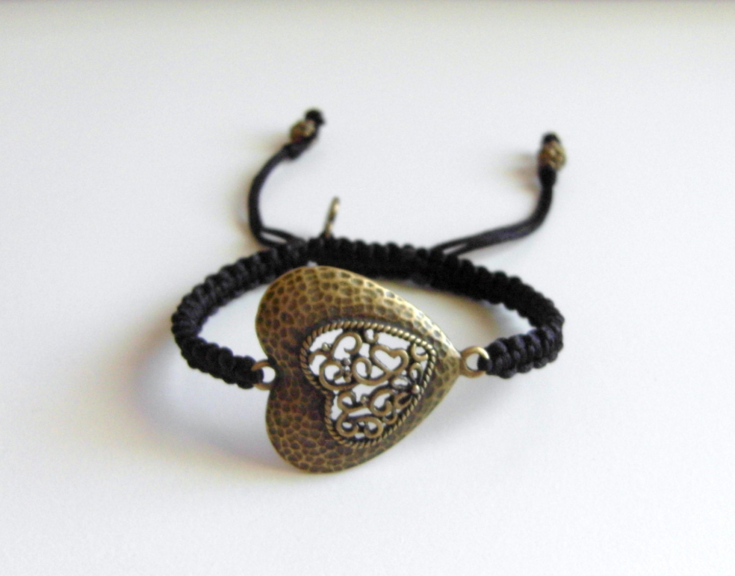 Antique Bronze Heart Bracelet, Macrame Bracelet, Adjustable Bracelet, Love Bracelet, Braided Bracelet