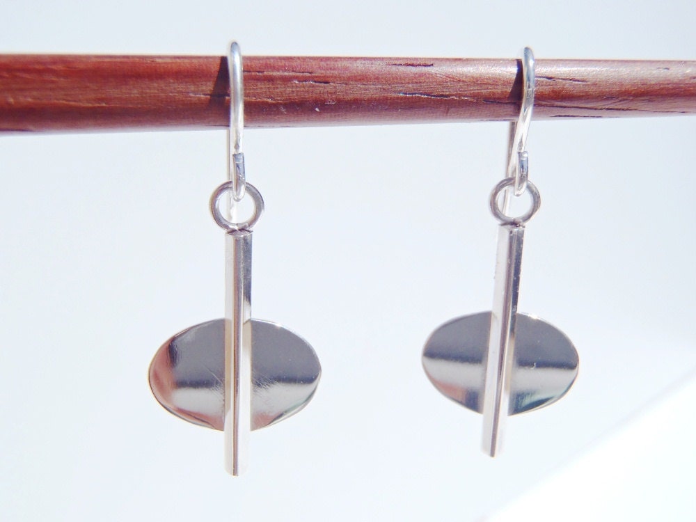 Sterling Silver Earrings: Retro Modern Space Age Oval and Line Design Dangles, Pierced Wires, New Handcrafted Jewelry