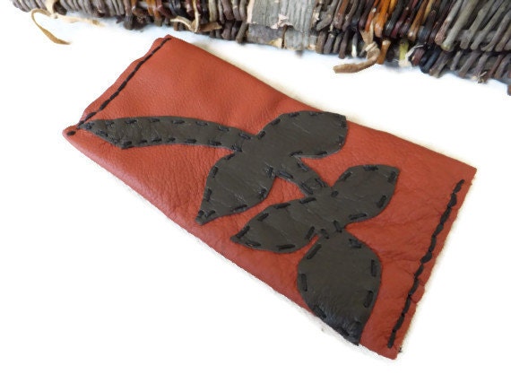 Red Leather Tobacco Pouch/ Wallet with Leaf Design