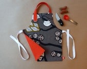 Kids Apron Size 2T-4T, Grey Floral with Red Cotton Lining and Neck Strap, White Waist Tie
