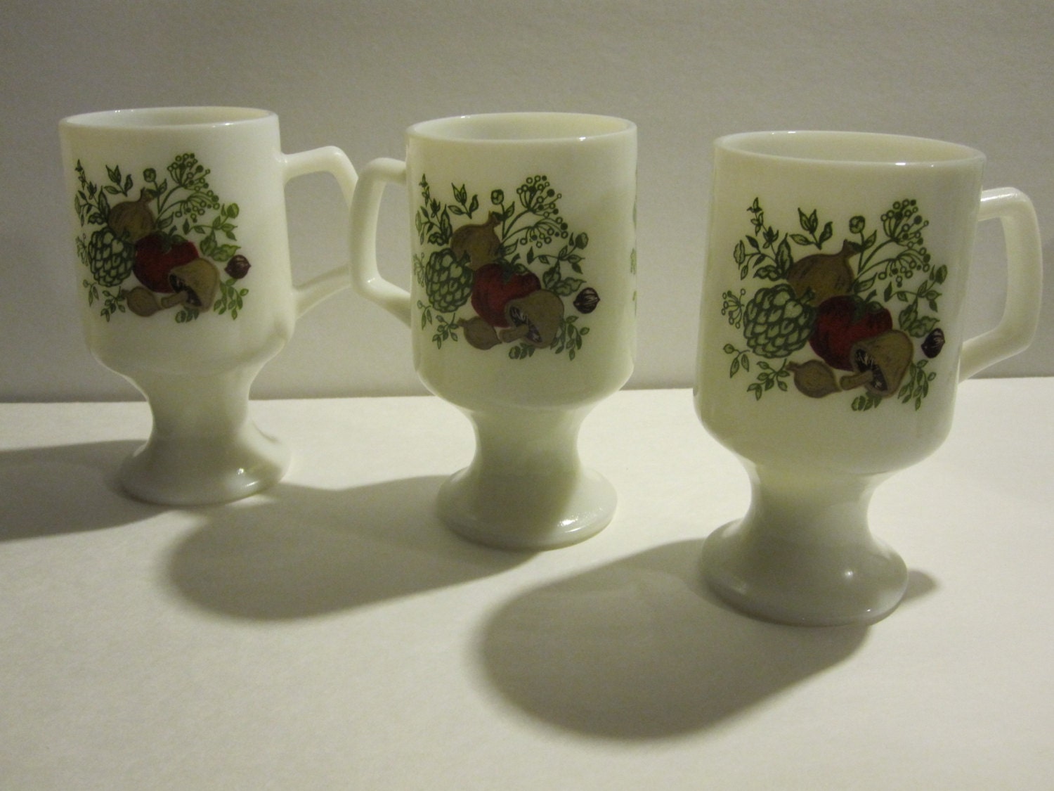 Vintage Set of 3 Tall Milk Glass Coffee Tea Pedestal Base Cup Mug Fire King Anchor Hawking