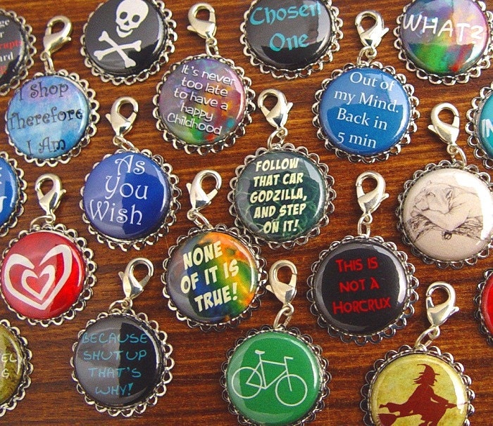 Charm Clip. Choose Any Design for this silvertone custom Clip on Charm, Zip Charm, Bag charm, Phone Charm