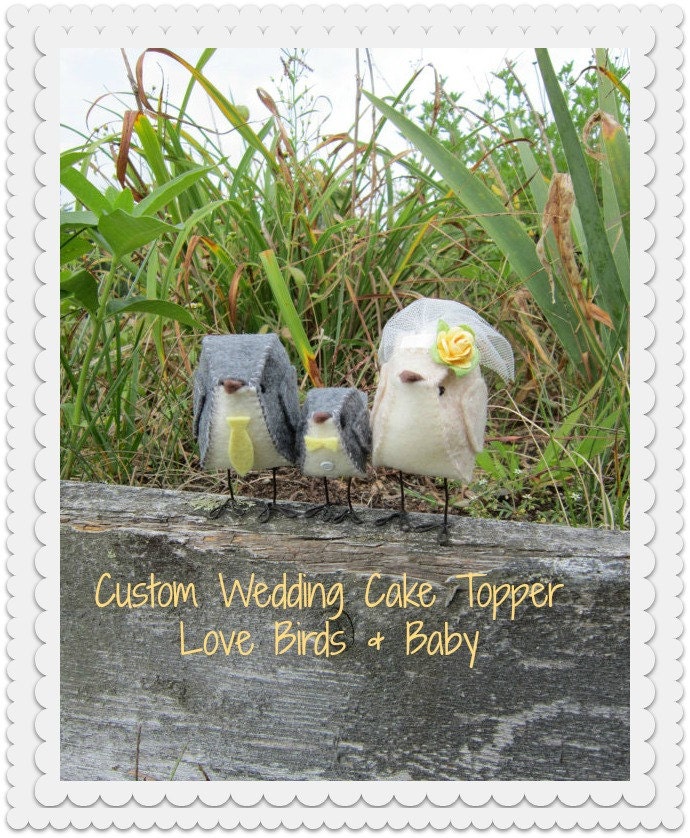 Custom Love Birds Wedding Cake Topper with Baby - MADE TO ORDER