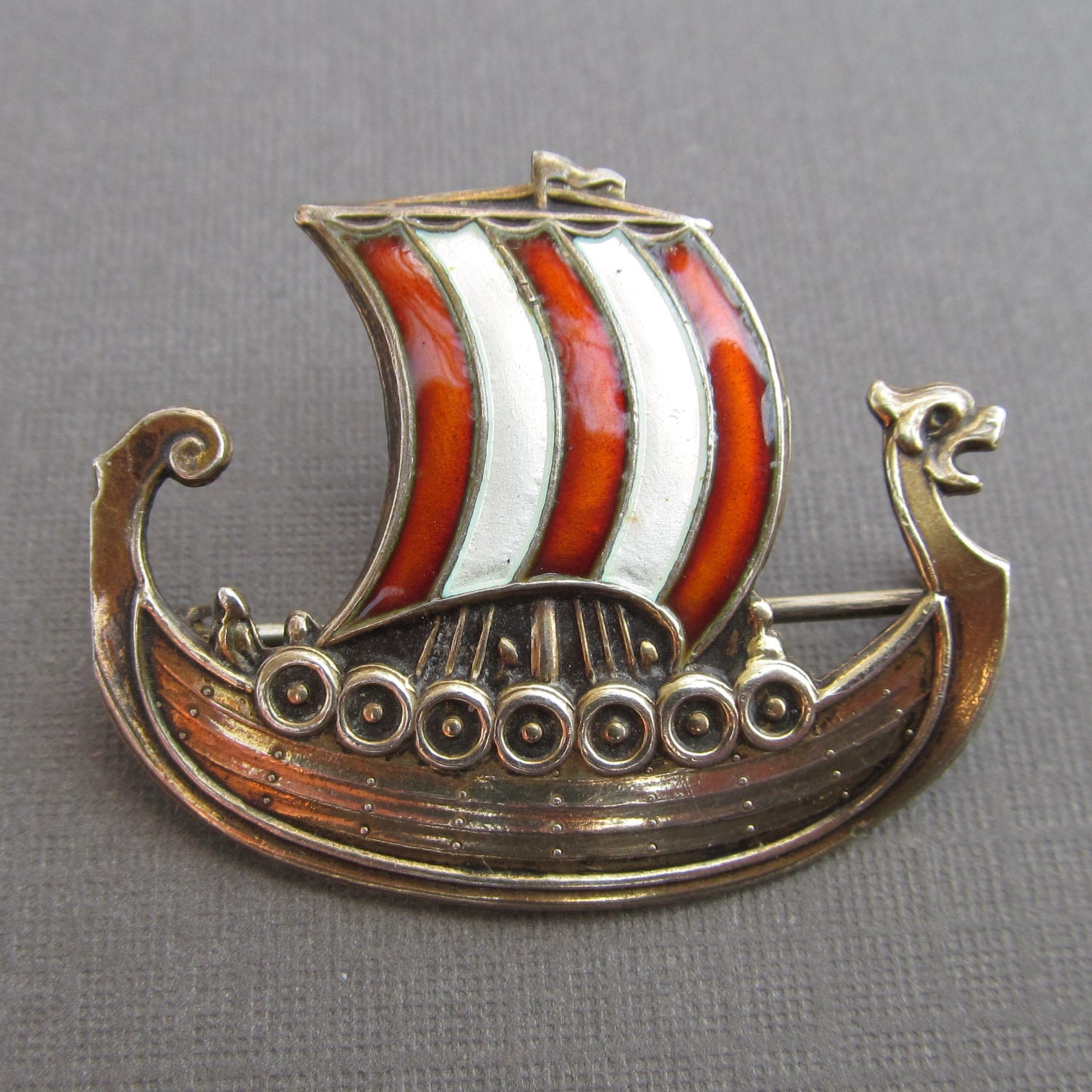 Norway Sterling Enamel Brooch Vintage Guilloche Viking Ship Pin Jewelry Ivar Holth