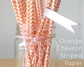 25 Orange Straws, Chevron Striped Paper Straws, Party Straws, Wedding Straws