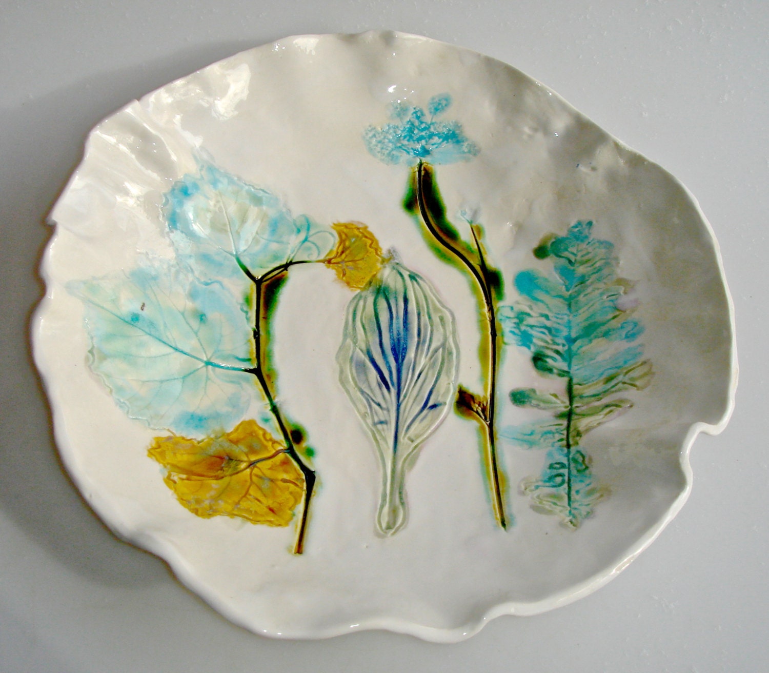 Handpainted Ceramic serving bowl, serving platter, with Hosta, Fern, Queen Anne's Lace, leaves and flowers, floral decor, garden platter
