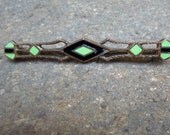 Vintage 1930s to 1940s Brass Bright Green Bar Pin Enamel Black Deco Brooch