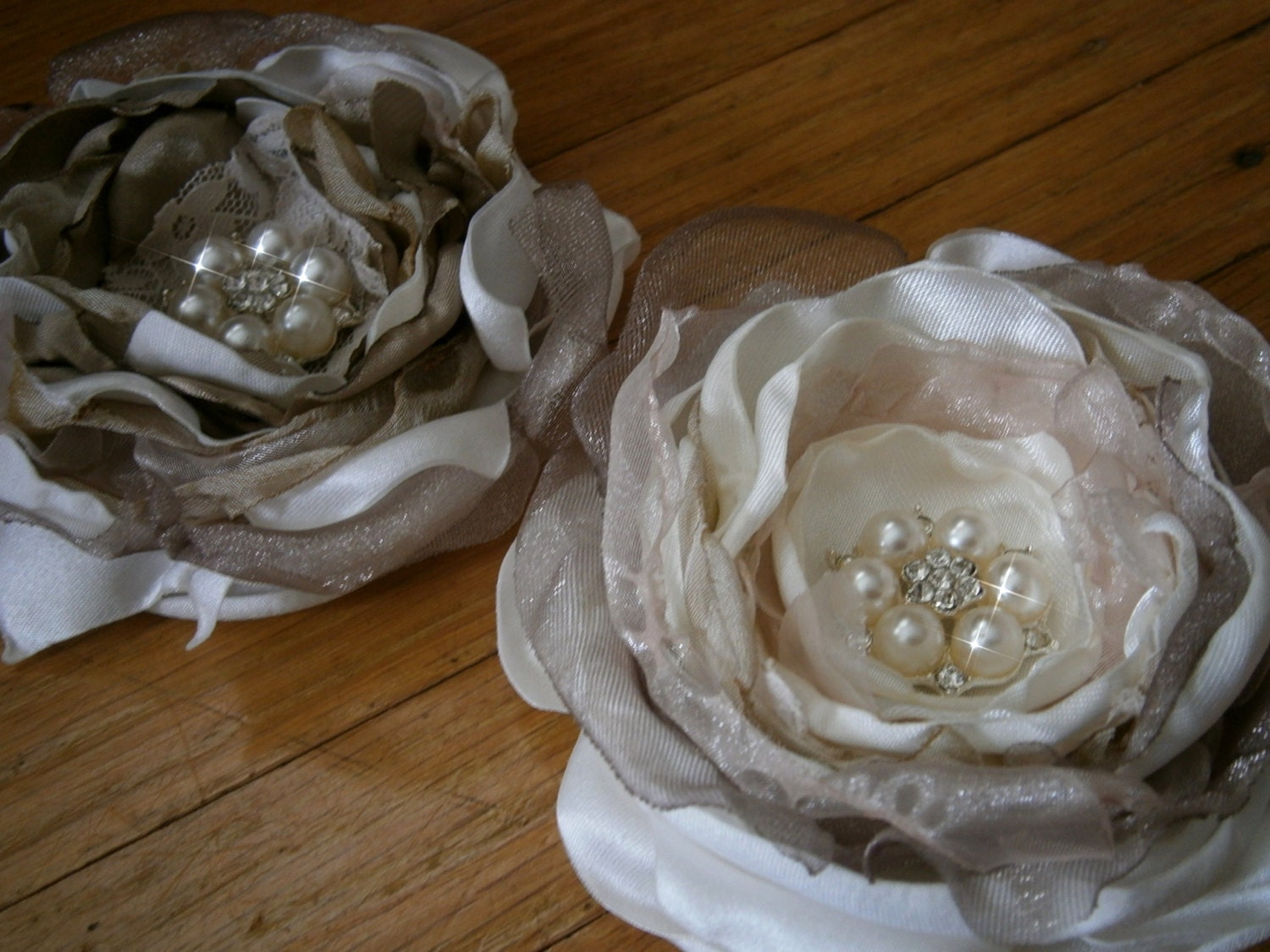 Medium size fabric flowers in white, ivory, gold with pearls and rhinestone buttons, hair flowers, hair accessories, Set of two flowers