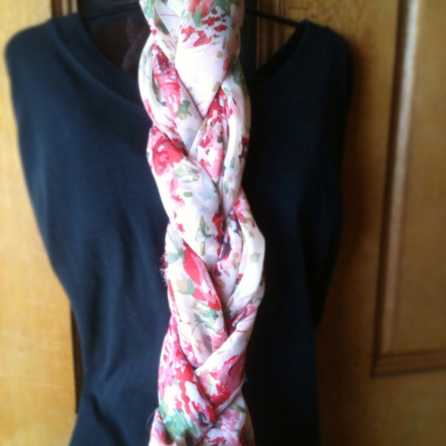 Floral, Print, Scarf, Lightweight, Spring, Summer, Womens, Pink, Flower, Red, Straight, Sash, Cool- Floral Finesse
