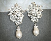 ROSELINE, Bridal Earrings, White or Ivory Pearl Chandelier Bridal Earrings, Rose Flower Wedding Stud Earrings, Rhinestone Wedding Jewelry