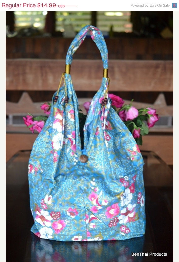 ON SALE Hippie Hobo Shoulder Bag Purse Floral Flower Women Handbag Cotton In Light Blue - Large
