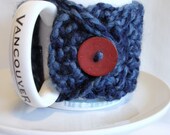 Chunky Coffee Cup Cozy BLUBERRY TWIST crocheted  Mug Coffee Sleeve with Red Coconut  Button Acrylic and Lambs Wool