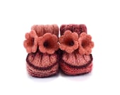 Baby Booties - Hand Knitted with Crochet Bell Flowers - Pink and Red, 0 - 3 months
