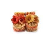 Knitted Baby Booties with Crochet Bell Flowers - Yellow Orange, 0 - 3 months