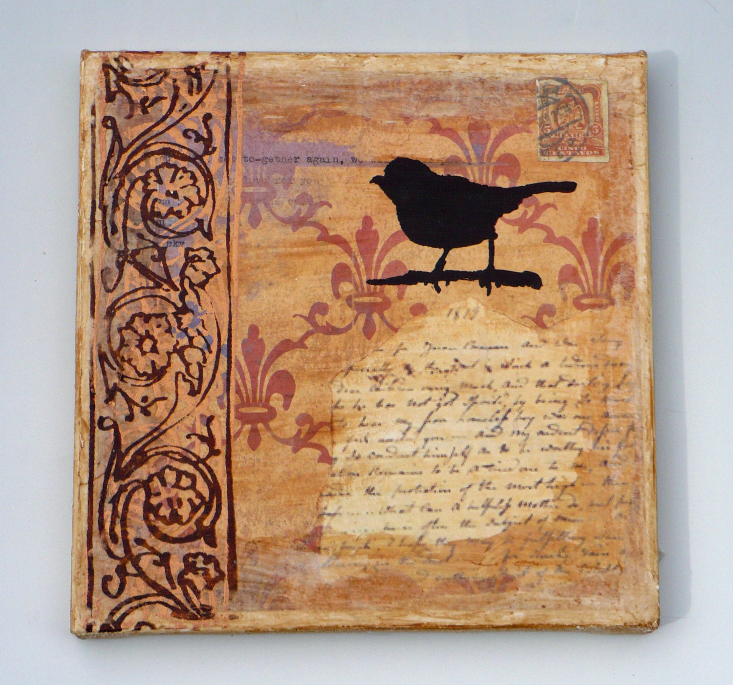 original mixed media collage plaque, bird, vintage papers, screen prints, painting
