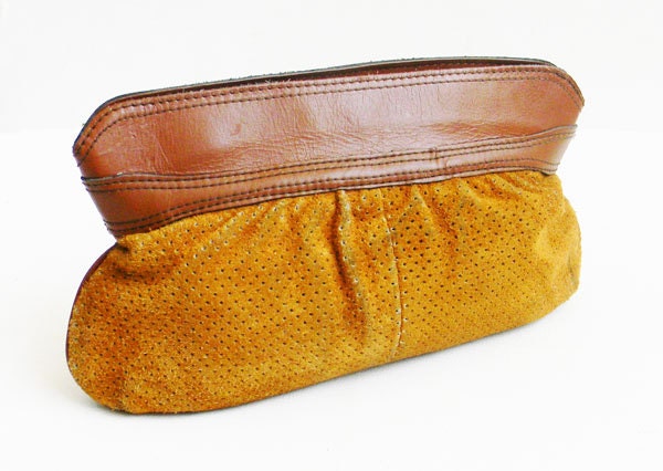 Vintage Leather and Perforated Suede Clutch Bag Authentic 1970s