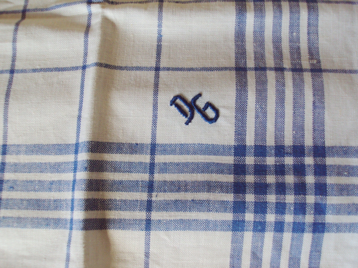 Last One Vintage French Cotton Torchons/Teatowels Blue Stripes Checks Never Used Mon DG Would make Great Napkins