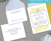 PARKER: Vintage Preppy Wedding Invitation Suite with Modern Floral and Monogram in Navy and Yellow