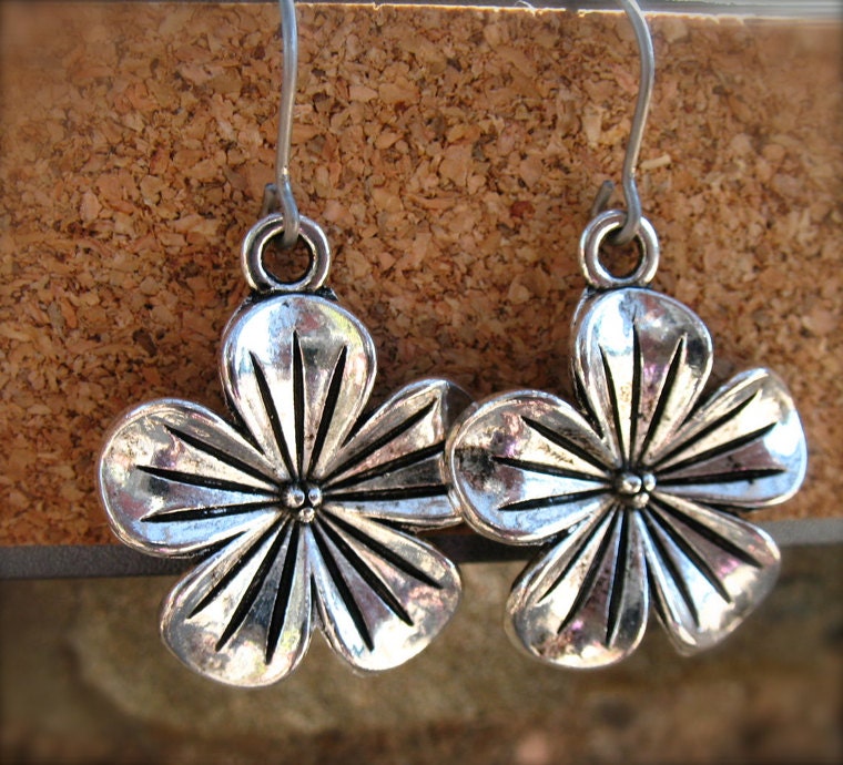 Titanium Earrings, Silver Flower Charms with Hypoallergenic Titanium Ear Wires