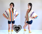 SALE vtg 60s cream RAINBOW STRIPED Cape Top os caftan hippie boho colorful festival kimono shirt