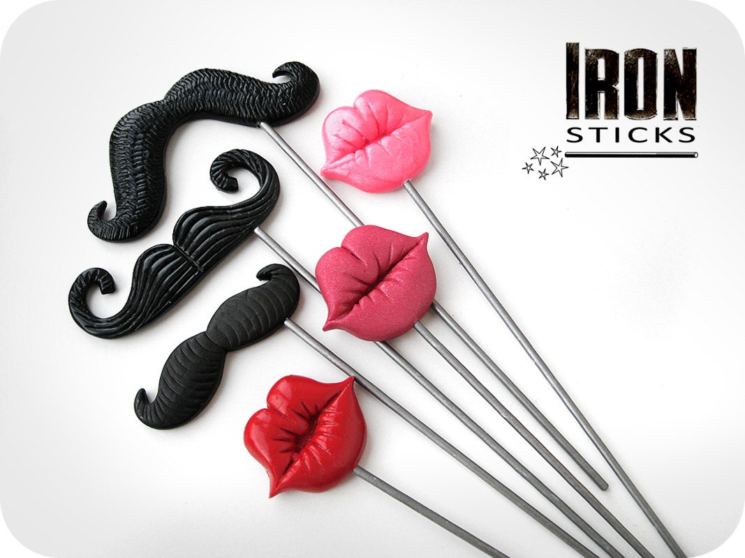 Photobooth Props on Metal Sticks - 6 Plastic mustaches and lips - Wedding photobooth props