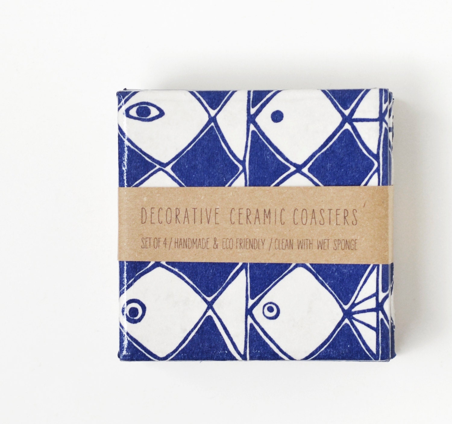 Abstract Fish Coasters Navy Blue and White Modern Summer Ceramic Tile Coasters, set of 4