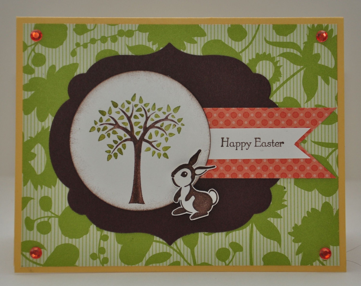 Happy Easter Greeting Card, Easter, Spring, Bunny, Rabbit, Tree, Green, Flowers, Yellow, Orange, Brown, Polka Dots, Stamped, Blank Inside