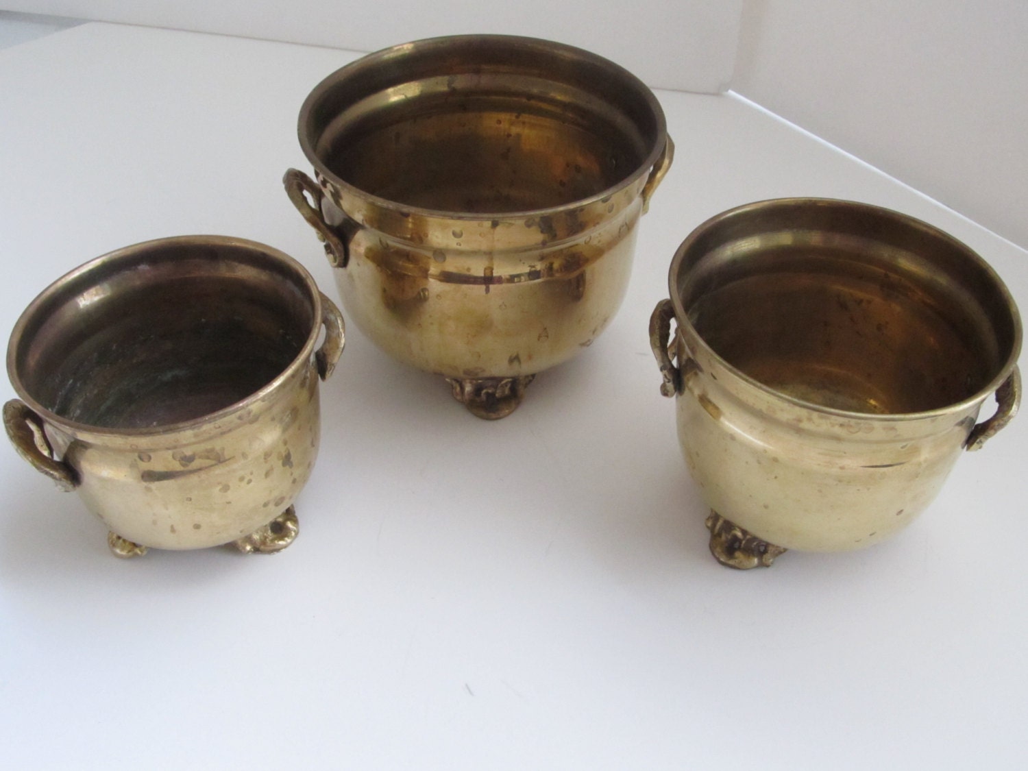 Brass Planters--Set of 3 Small Brass Planters--Brass Clawfoot Planters