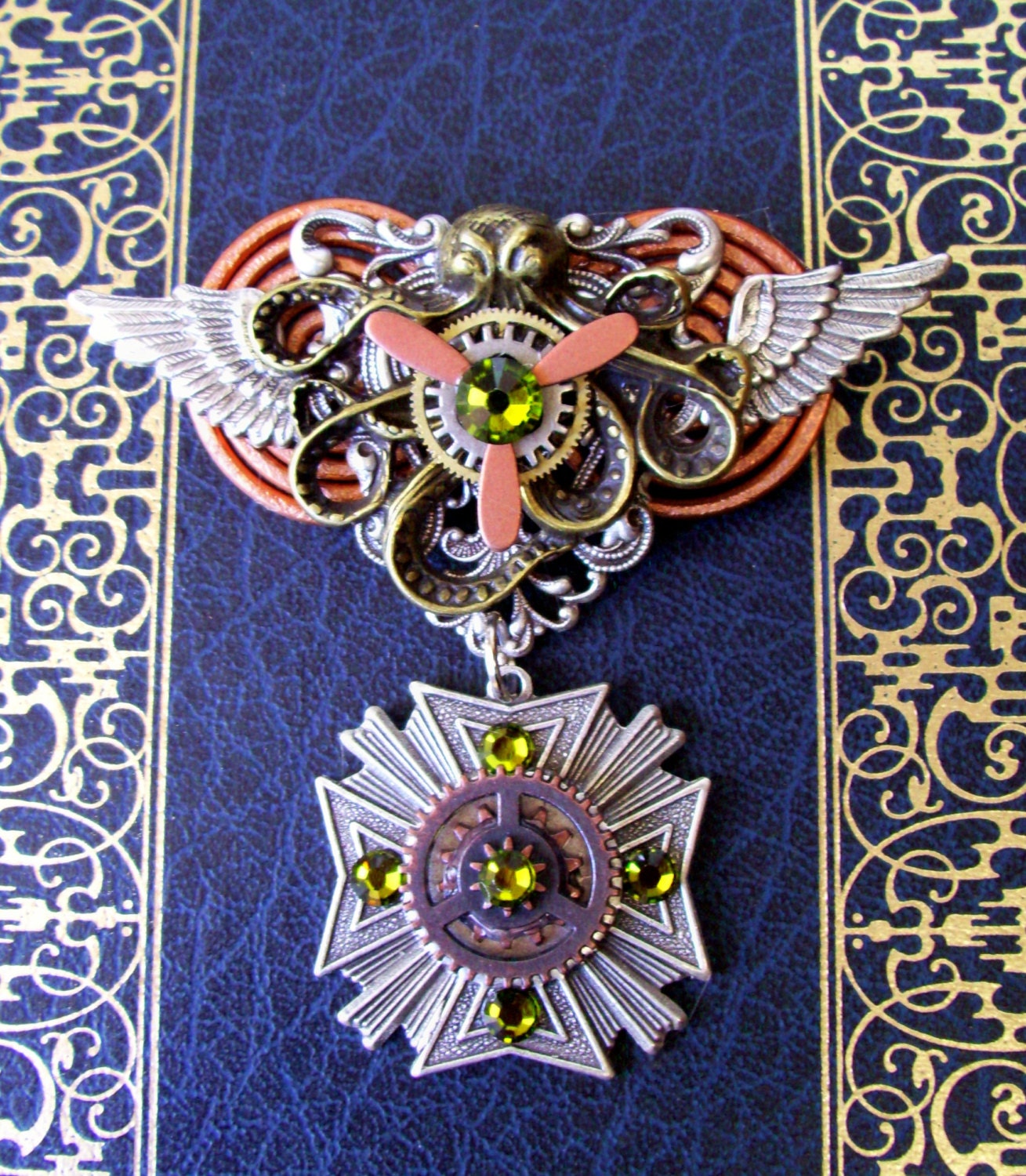 Steampunk Medal (Medal201) - Military Style - Kraken Aviation Design - Brass and Swarovski Crystals