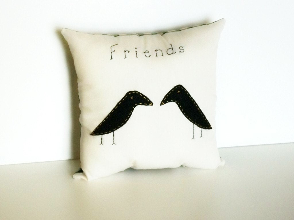 Pillow Crow Primitive Stitchery Original Design Folk Art Homespun Green