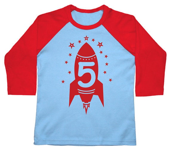 Fifth Birthday boys shirt kids toddler Happy 5th Party Red Rocket American Apparel Raglan 3/4 Sleeve tshirt 2nd, 3rd, 4th, 5th