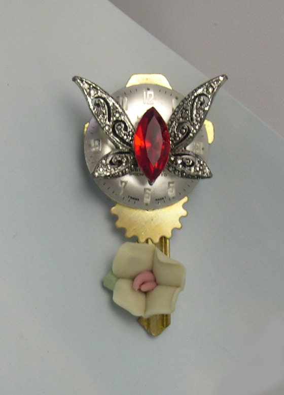 Red Butterfly Brooch, butterfly brooch, butterflies, pin, key, vintage jewelry, watch clock face, watch gear, steampunk butterfly