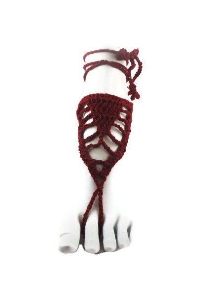 Barefoot Crochet Sandals, Gypsy Maroon Lace Sandals, Crochet Sandals, Beach Anklet Yoga Thong